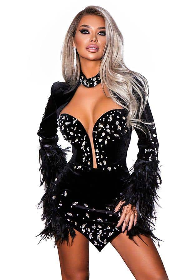 Rochie Catifea cu Pene si  Maneca Lunga  Neagru - imagine 6