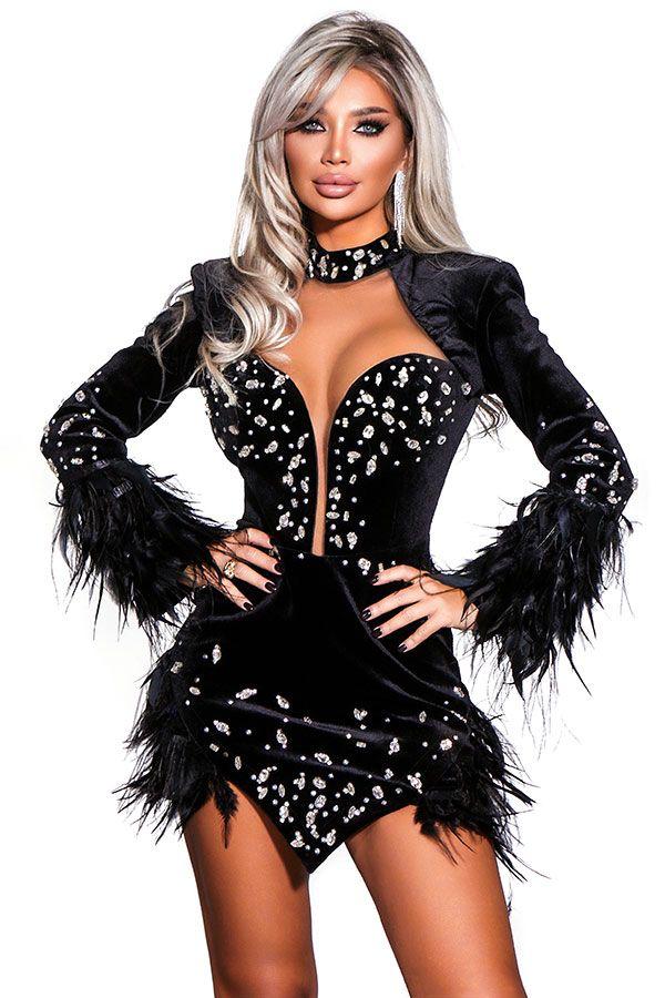 Rochie Catifea cu Pene si  Maneca Lunga  Neagru