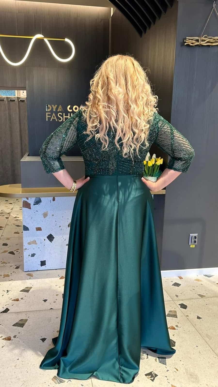 Rochie Lunga Verde Tafta DYA371 - imagine 5