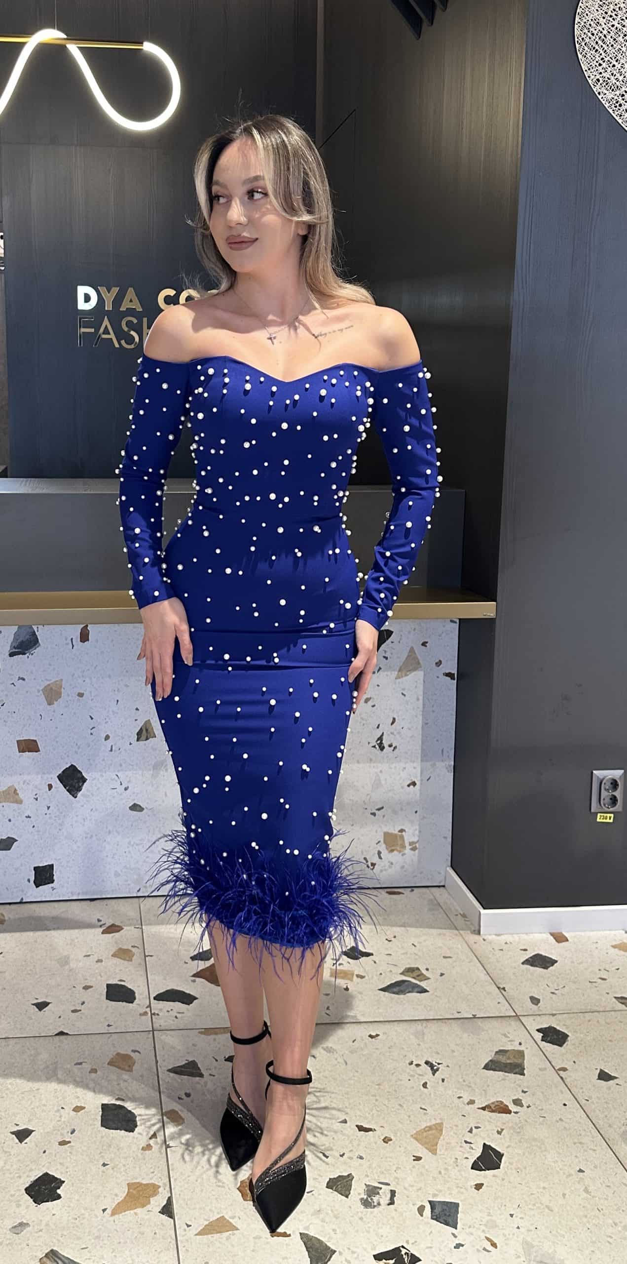 Roochie Midi Albastra cu Pene si Perle DYA393
