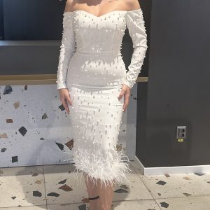 Roochie Midi Alba cu Pene si Perle DYA391