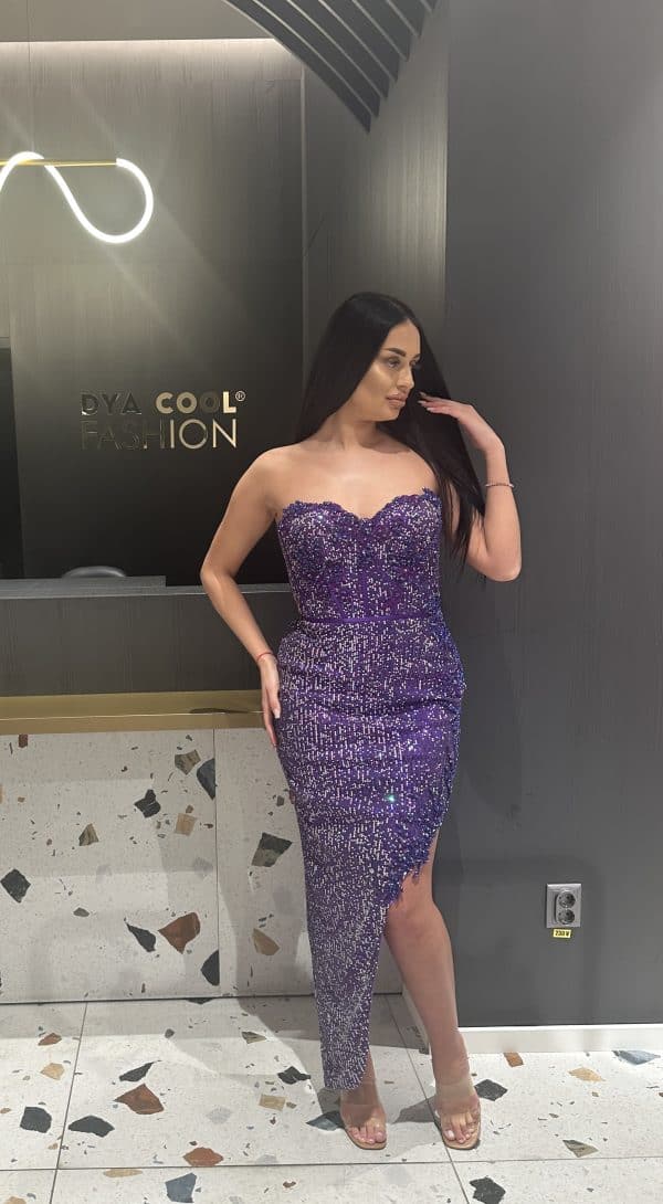 Rochie Lunga Violet cu Paiete DYA413 - imagine 2