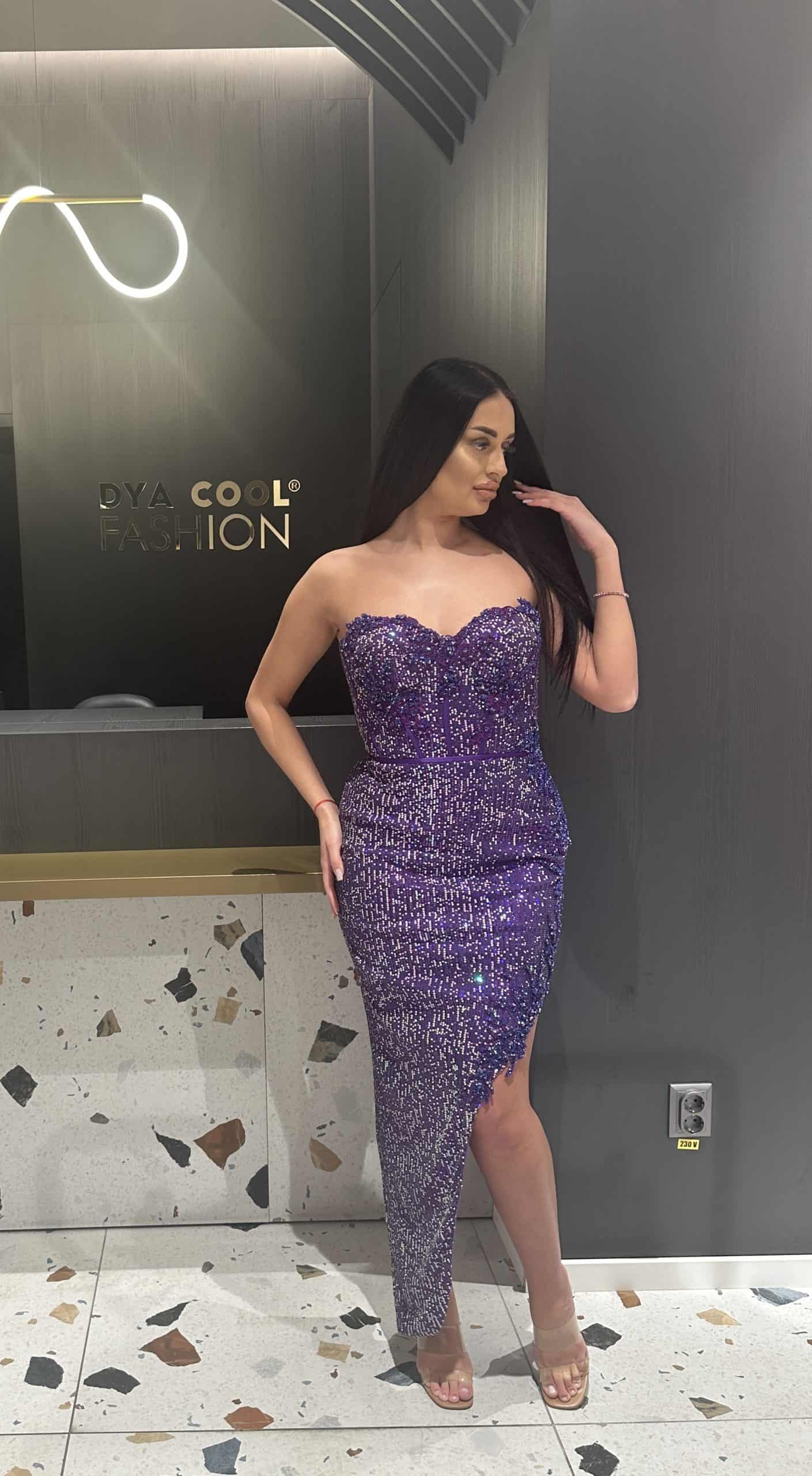 Rochie Lunga Violet cu Paiete DYA413 - imagine 2