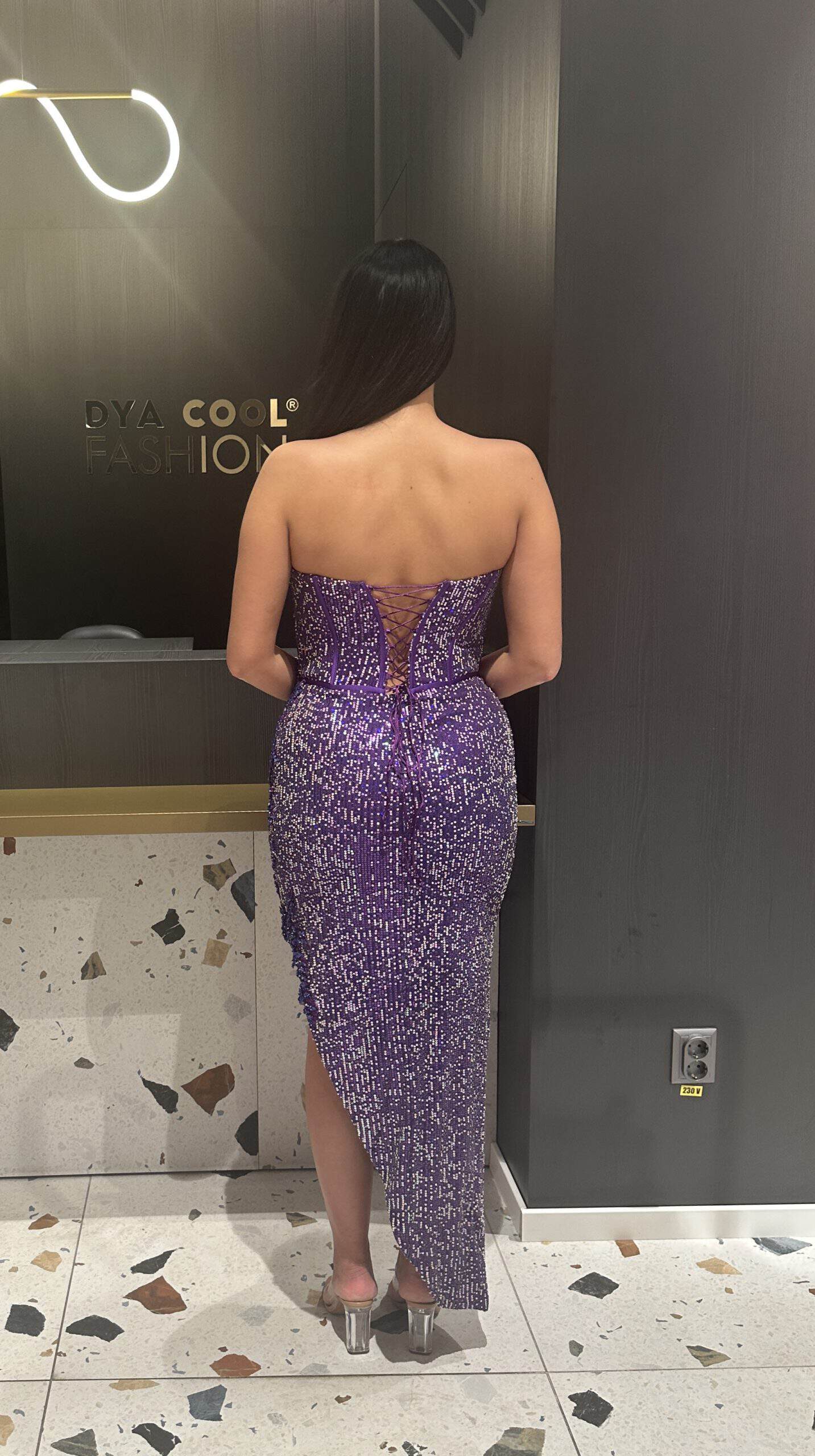Rochie Lunga Violet cu Paiete DYA413 - imagine 6