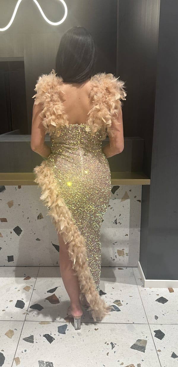 Rochie Lunga Paiete si Pene Crem-Auriu DYA421 - imagine 5