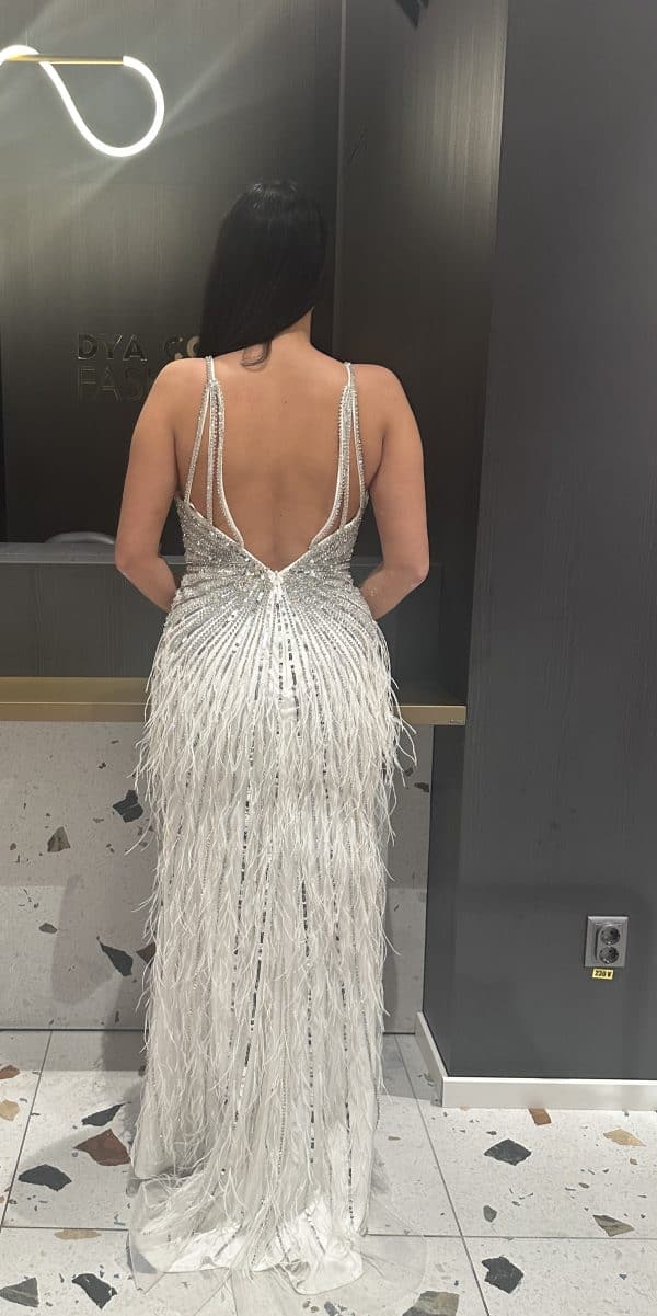 Rochie Lux cu Pene Alb DYA349 - imagine 5