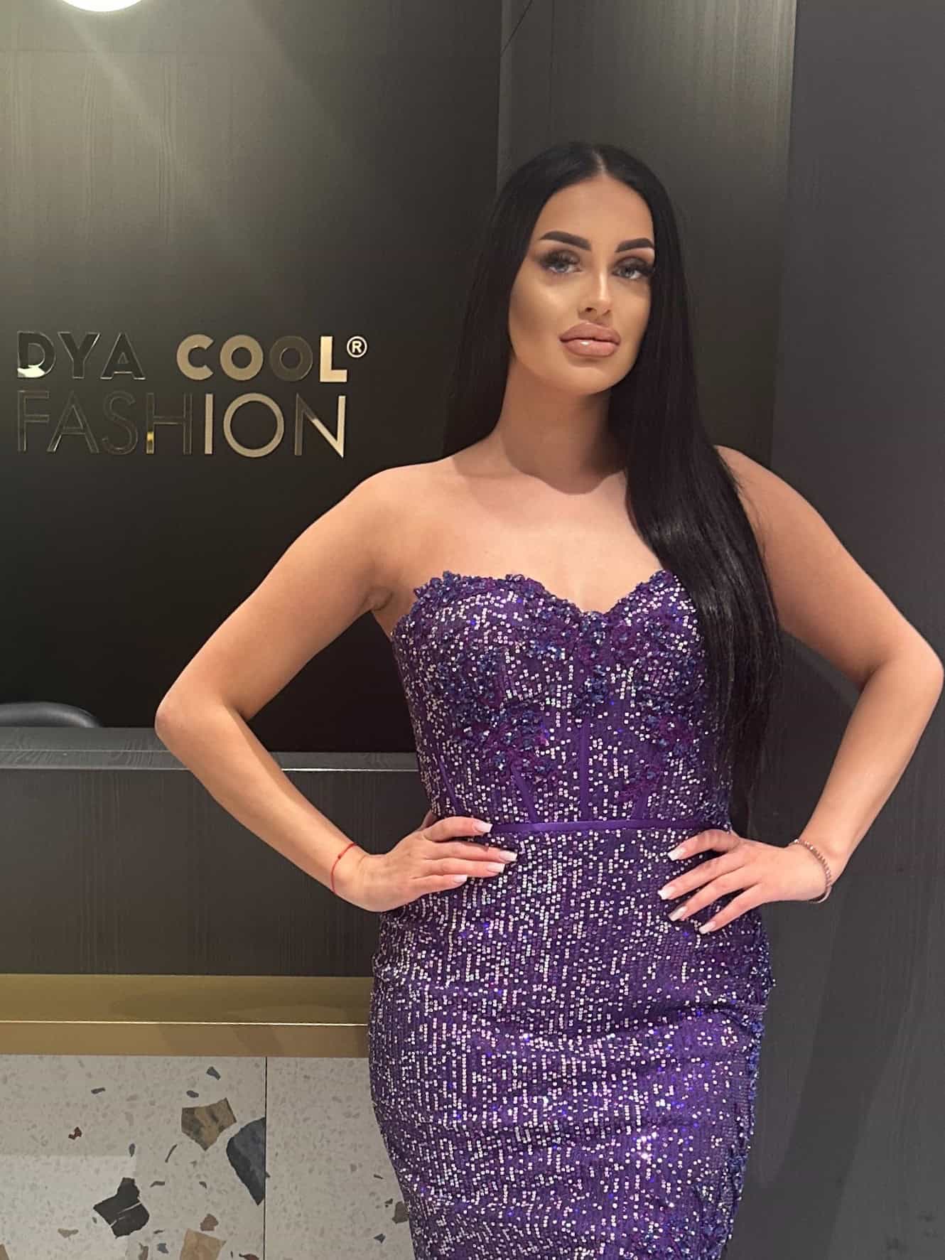 Rochie Lunga Violet cu Paiete DYA413 - imagine 5