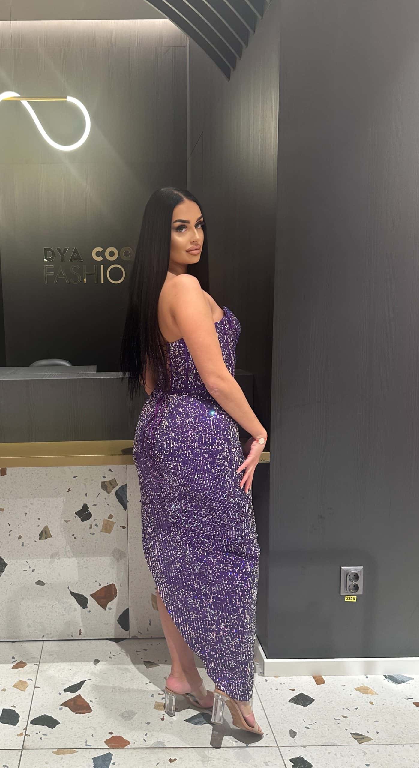 Rochie Lunga Violet cu Paiete DYA413 - imagine 3