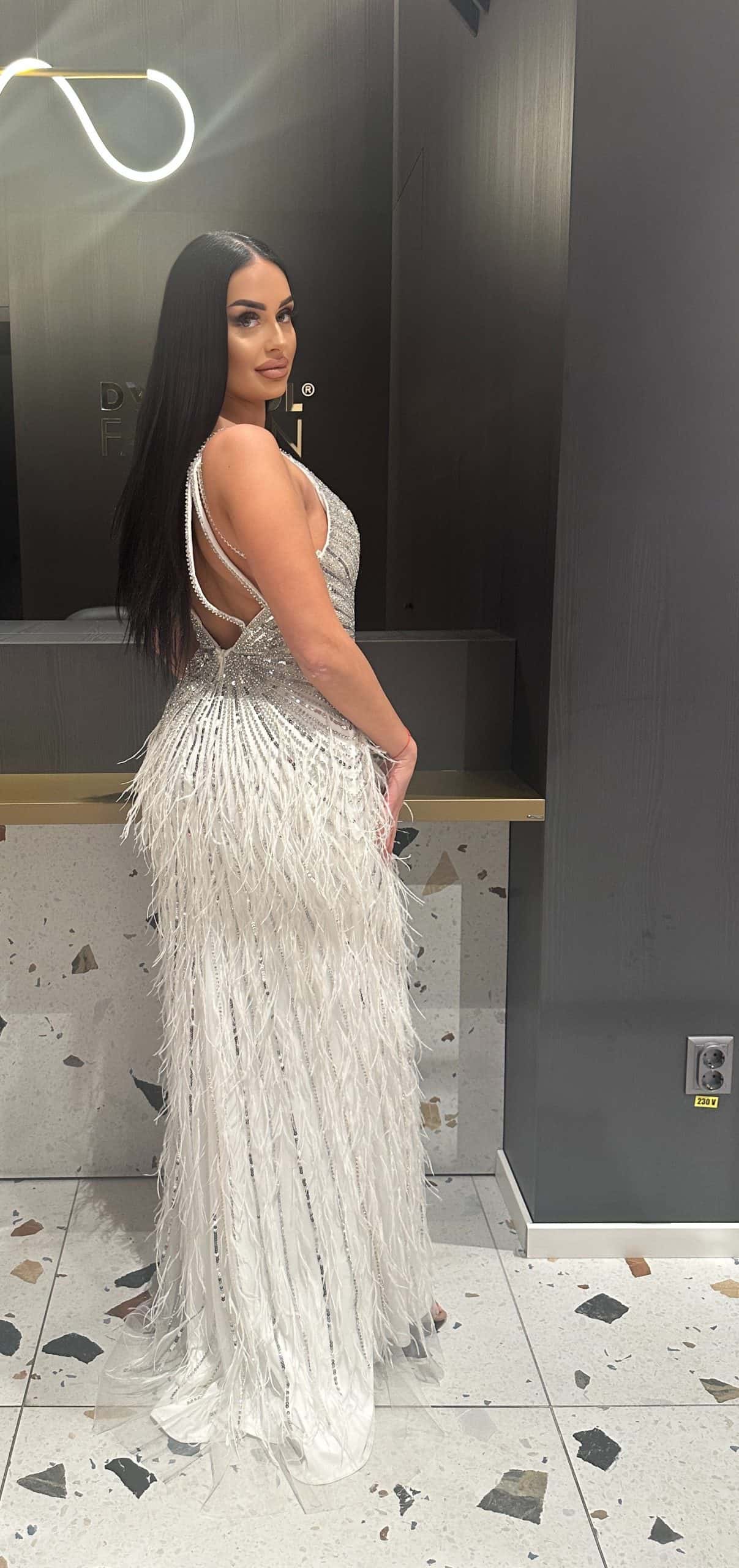Rochie Lux cu Pene Alb DYA349 - imagine 3