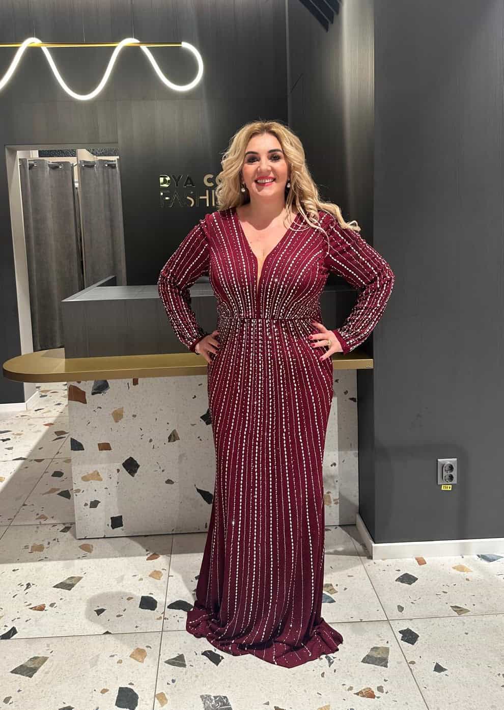 Rochie Lunga Visiniu cu Cristale DYA361