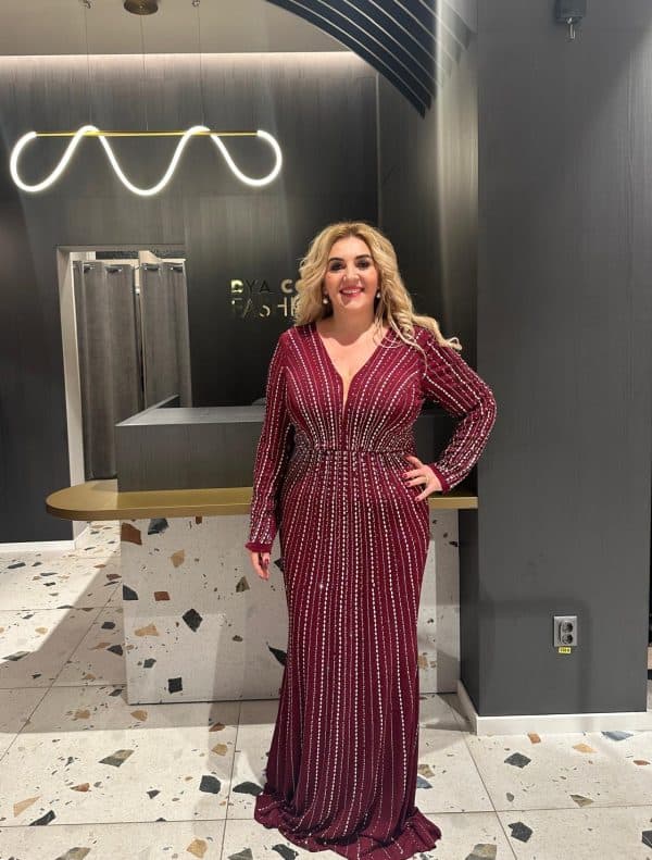 Rochie Lunga Visiniu cu Cristale DYA361 - imagine 3