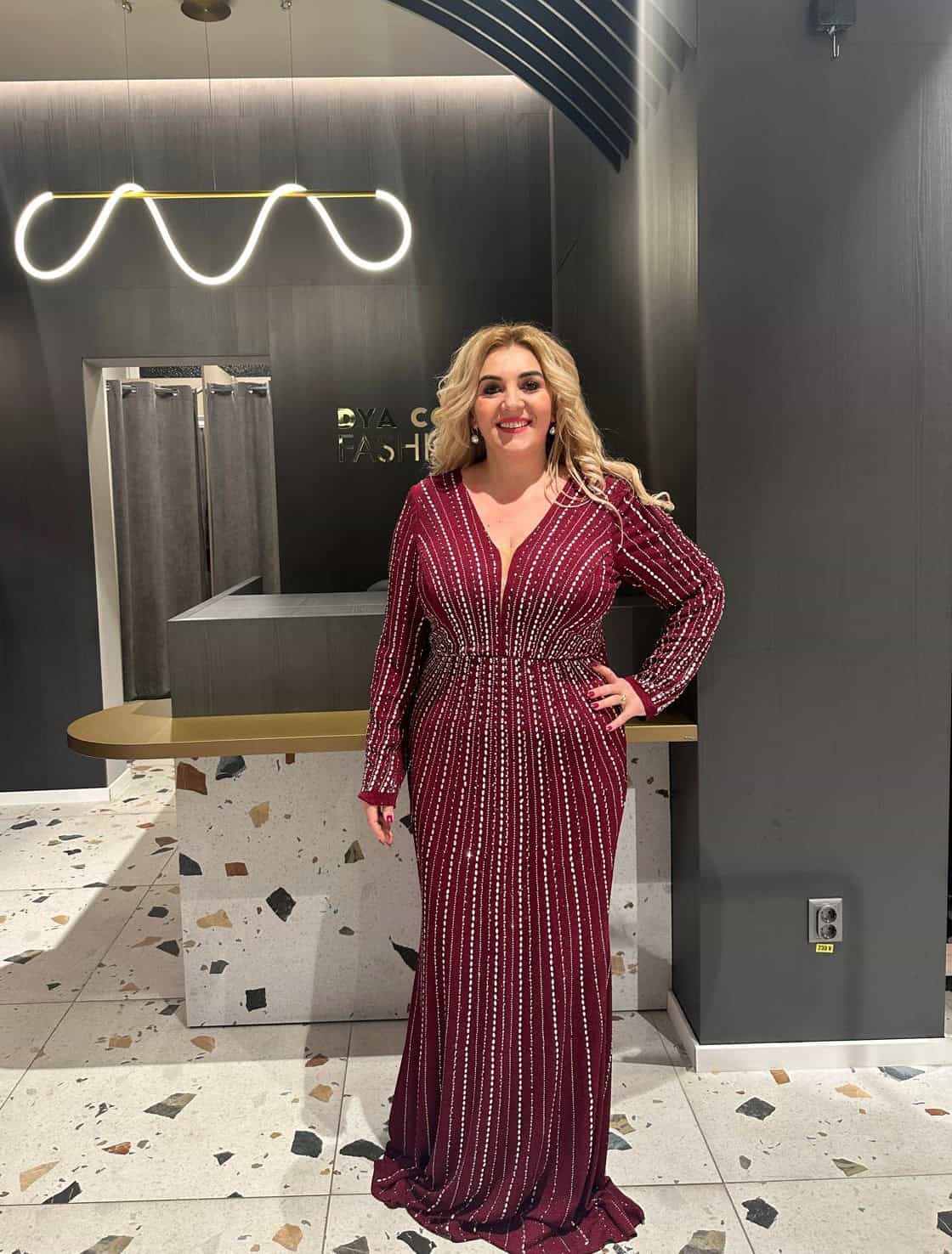 Rochie Lunga Visiniu cu Cristale DYA361 - imagine 3