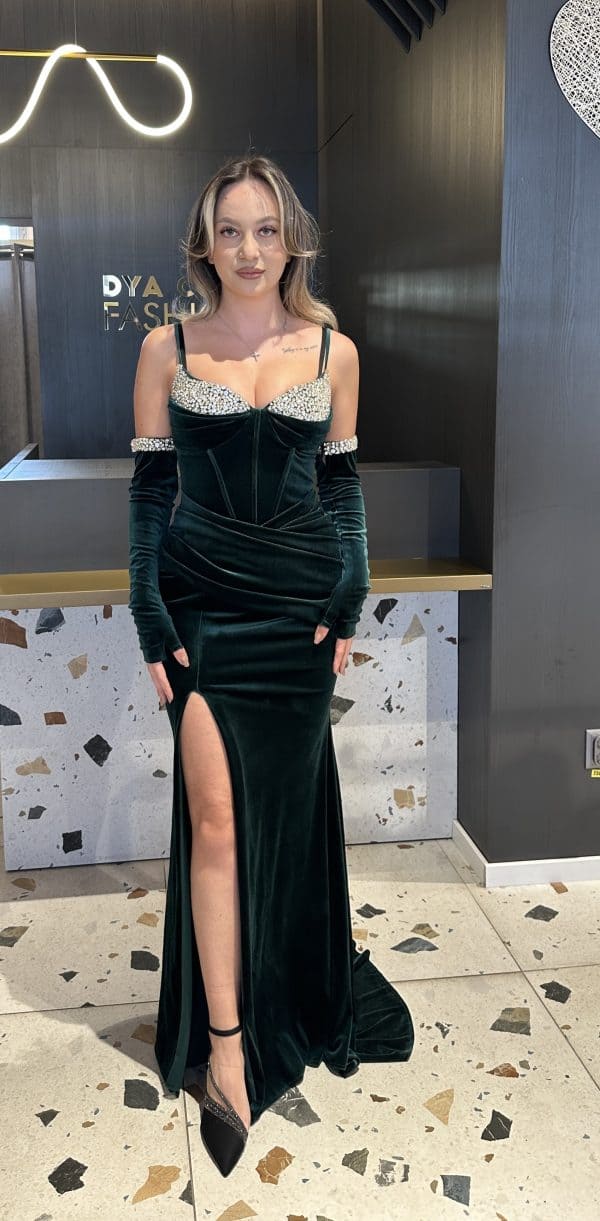 Rochie Velur Verde Inchis DYA441 - imagine 3