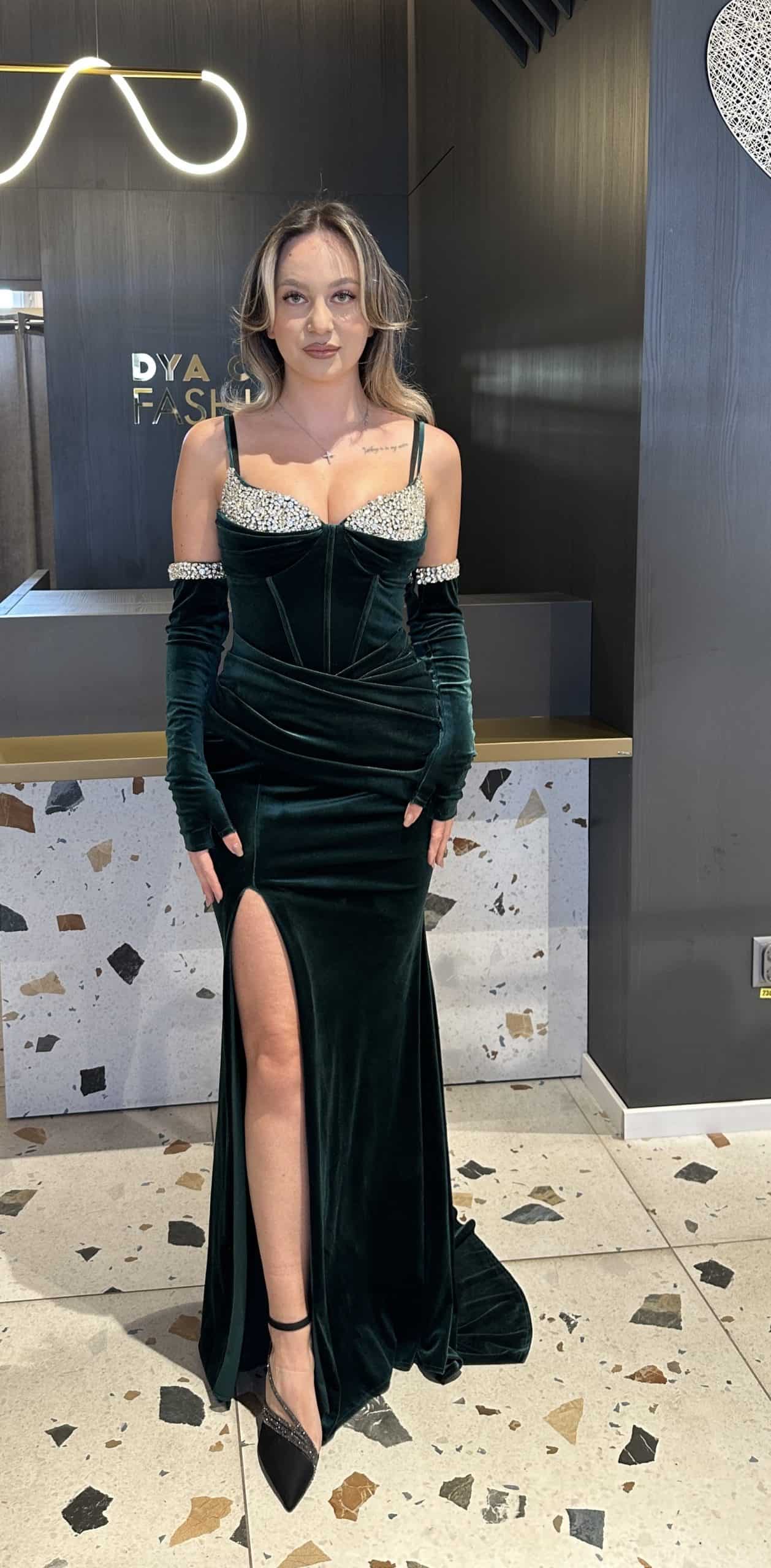 Rochie Velur Verde Inchis DYA441 - imagine 3
