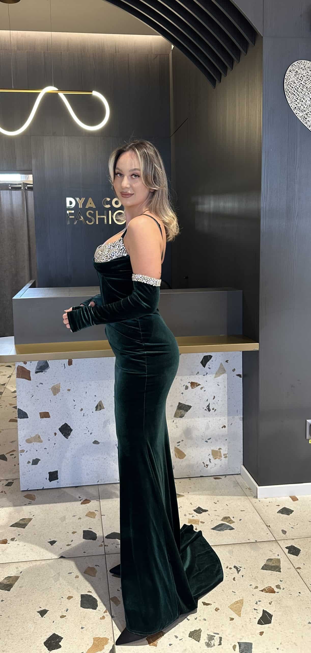 Rochie Velur Verde Inchis DYA441 - imagine 4