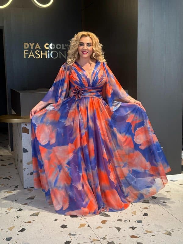 Rochie Lunga Larga Bicolor Albastru-Portocaliu DYA662 - imagine 5