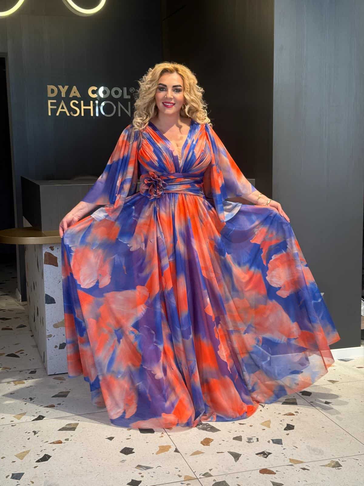 Rochie Lunga Larga Bicolor Albastru-Portocaliu DYA662 - imagine 5