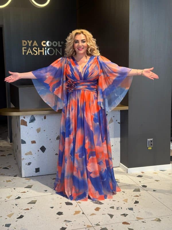 Rochie Lunga Larga Bicolor Albastru-Portocaliu DYA662 - imagine 3