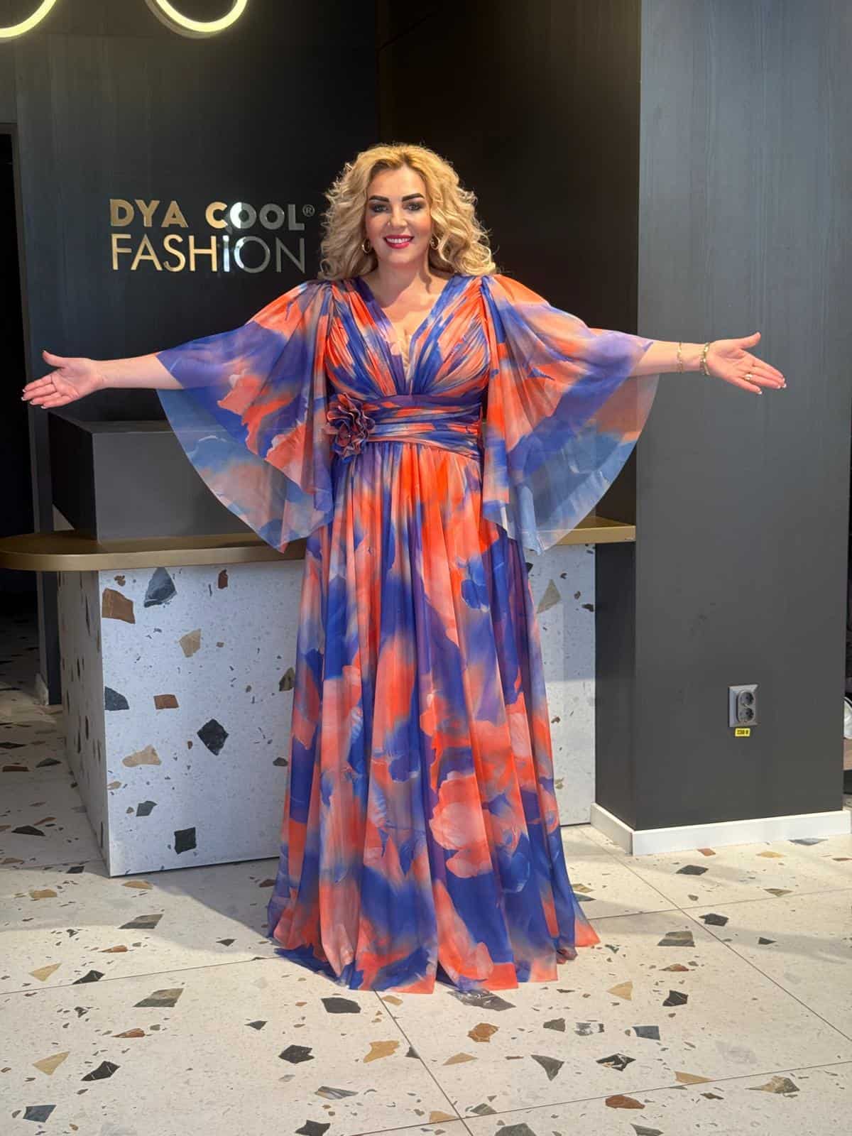 Rochie Lunga Larga Bicolor Albastru-Portocaliu DYA662 - imagine 3