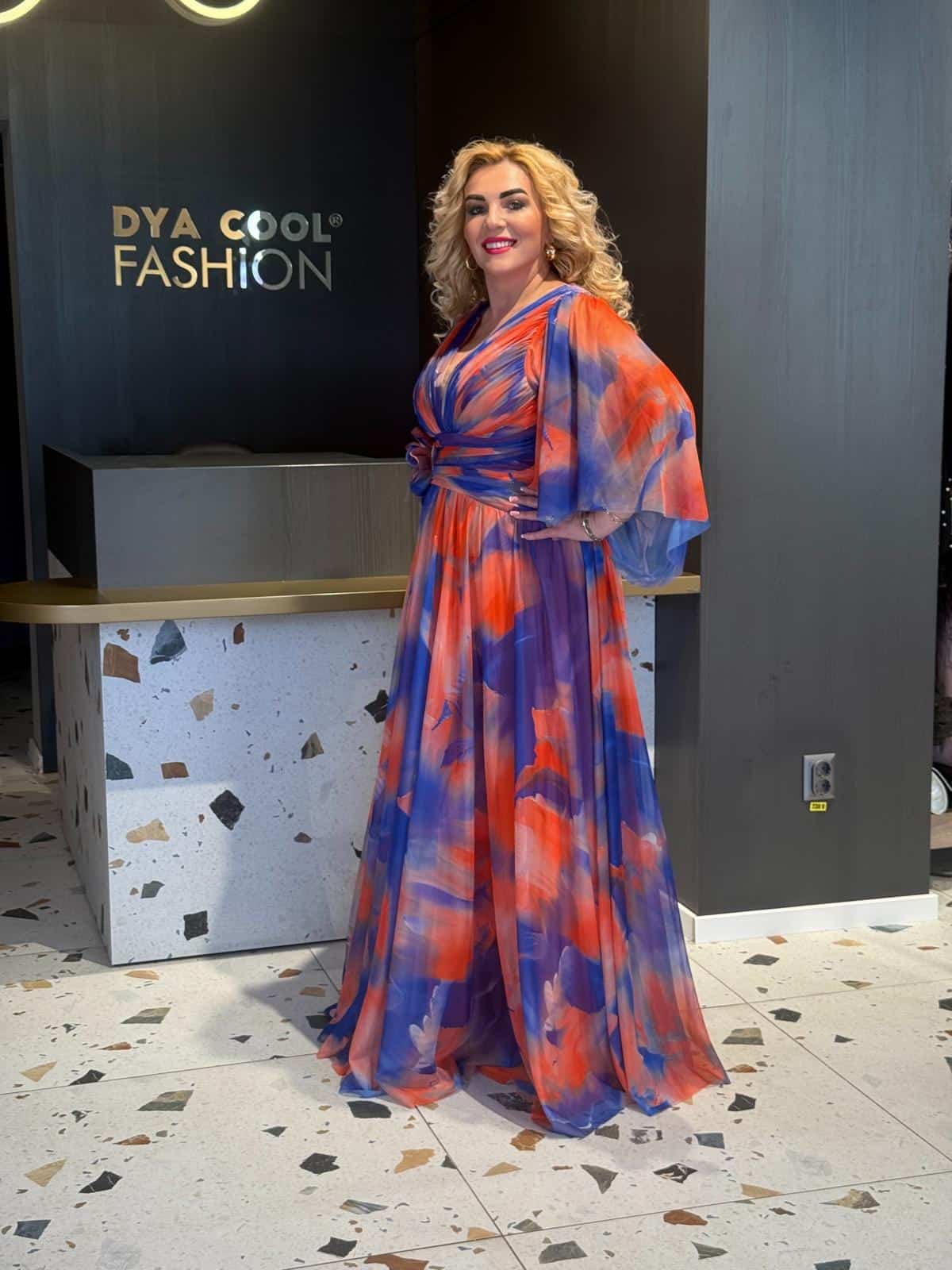 Rochie Lunga Larga Bicolor Albastru-Portocaliu DYA662 - imagine 2