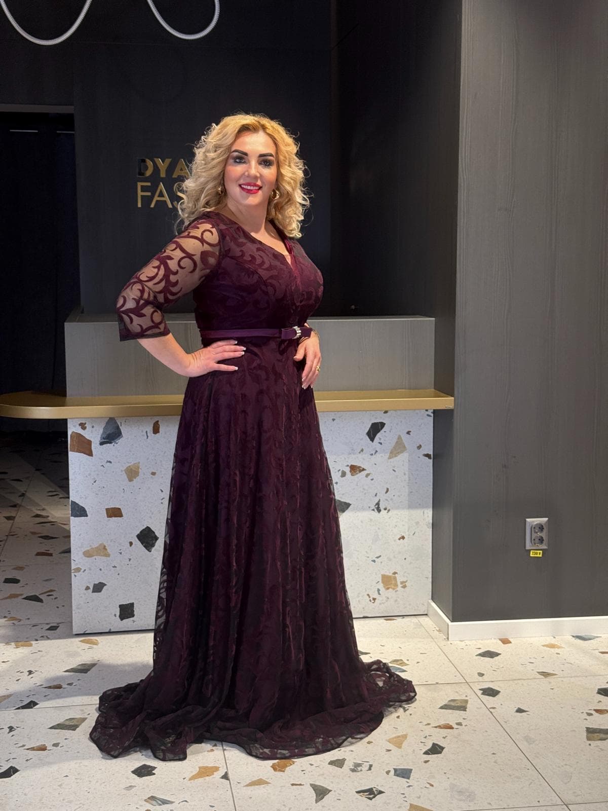 Rochie Lunga Visiniu Model Floral DYA697 - imagine 2