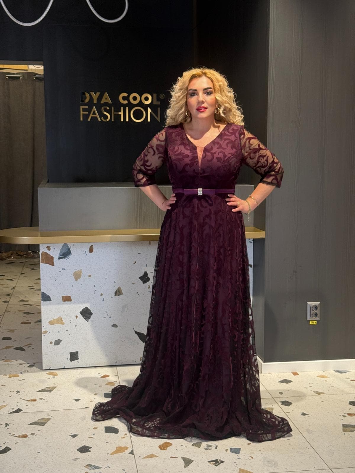 Rochie Lunga Visiniu Model Floral DYA697 - imagine 3