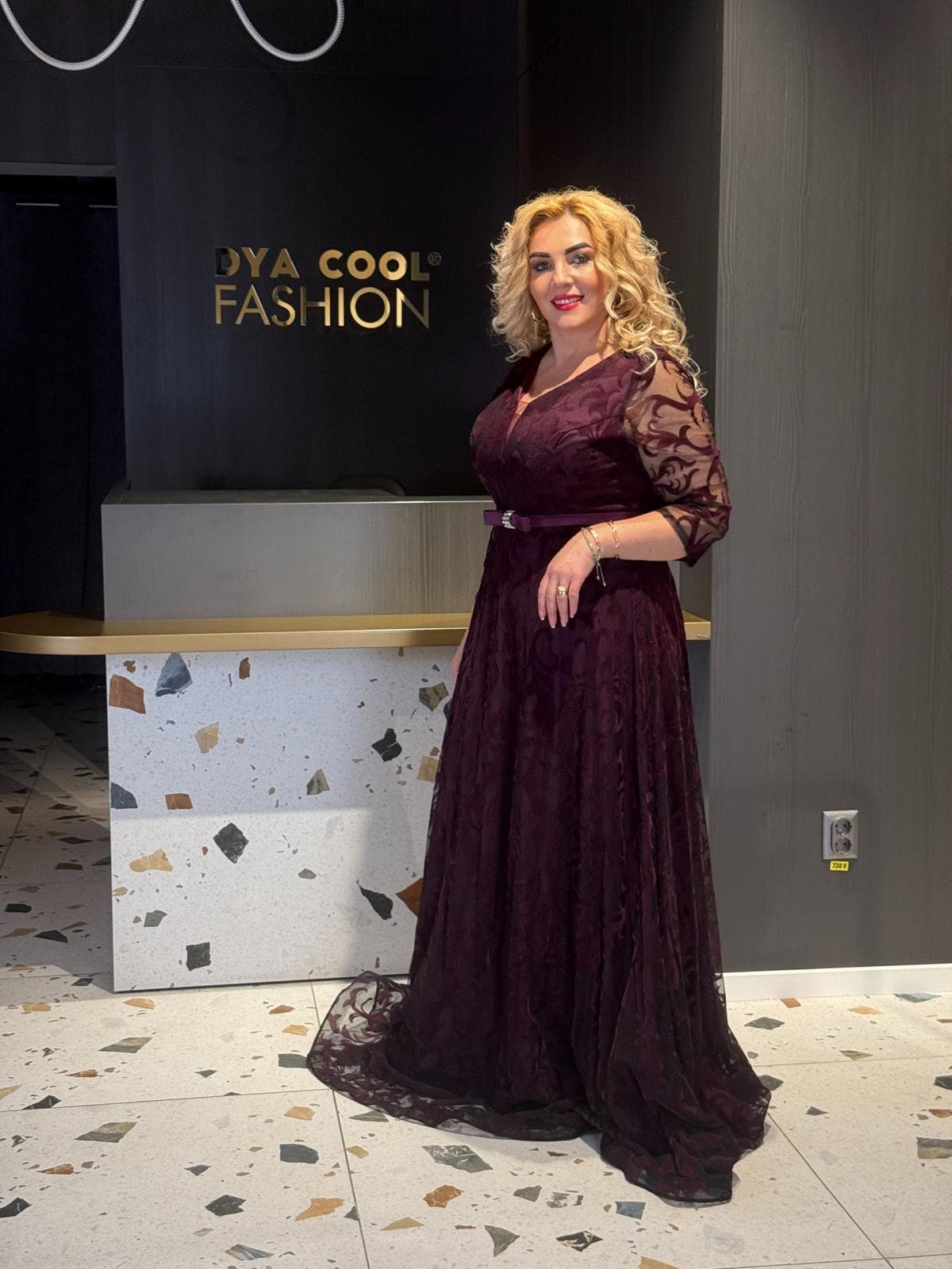 Rochie Lunga Visiniu Model Floral DYA697 - imagine 5