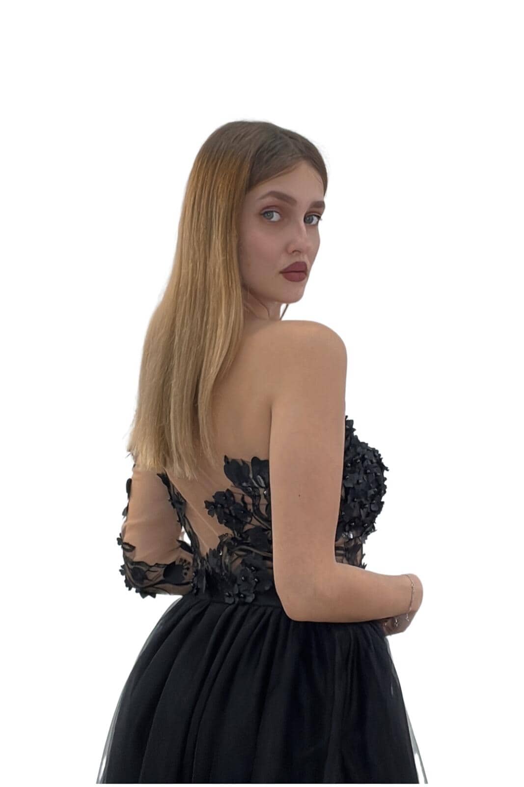 Rochie Lunga Negru Tull DYA785 - imagine 5