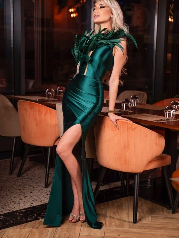 Rochie Lunga Verde Cu Pene DYA736 - imagine 6