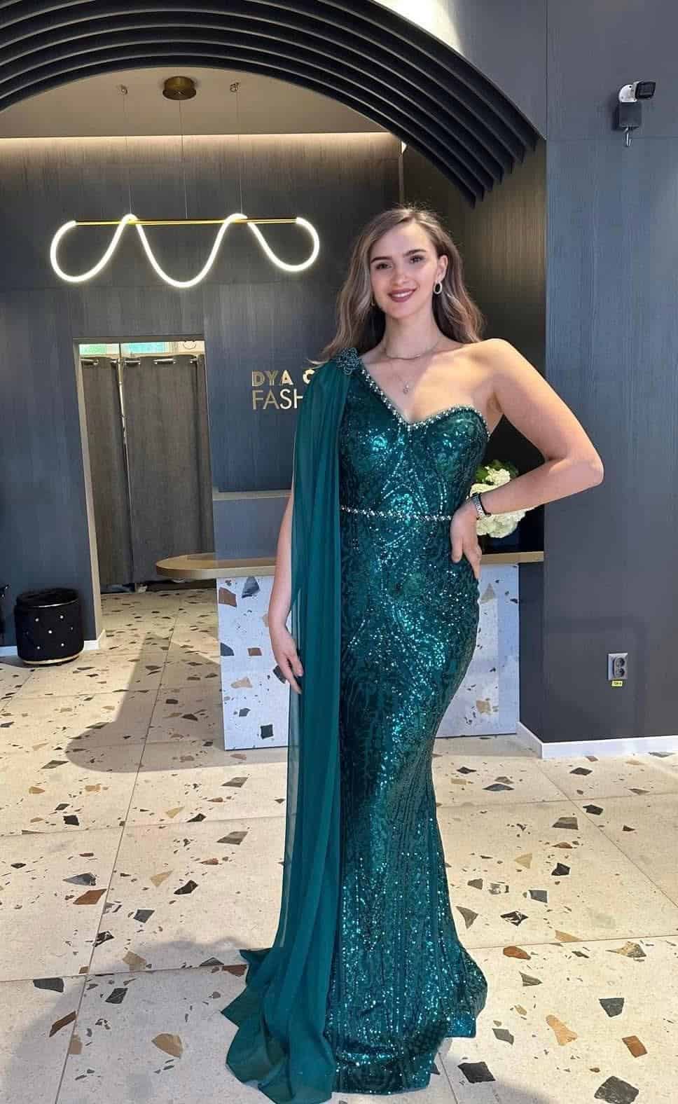 Rochie Lunga Verde cu Trena pe Umar DYA712 - imagine 2