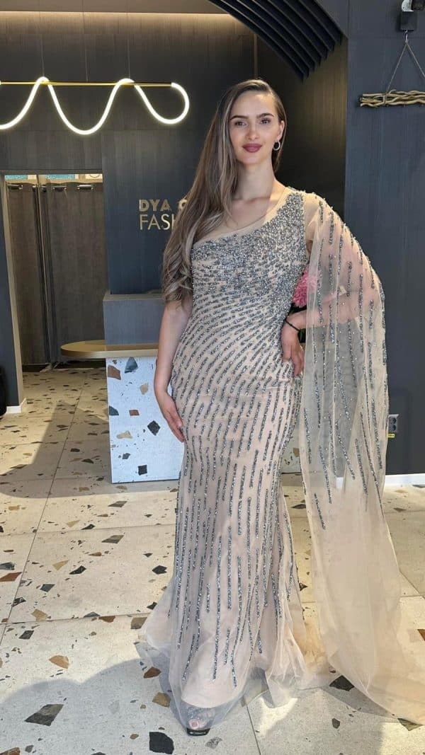 Rochie Lunga Nude cu Cristale  DYA713 - imagine 5