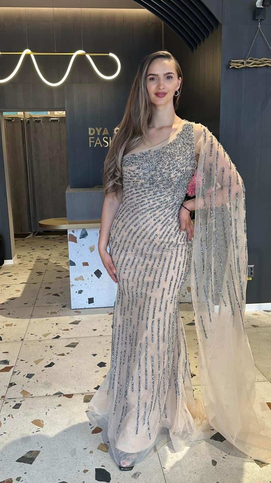 Rochie Lunga Nude cu Cristale  DYA713 - imagine 5