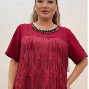Rochie Midi Visiniu cu Franjuri DYA729