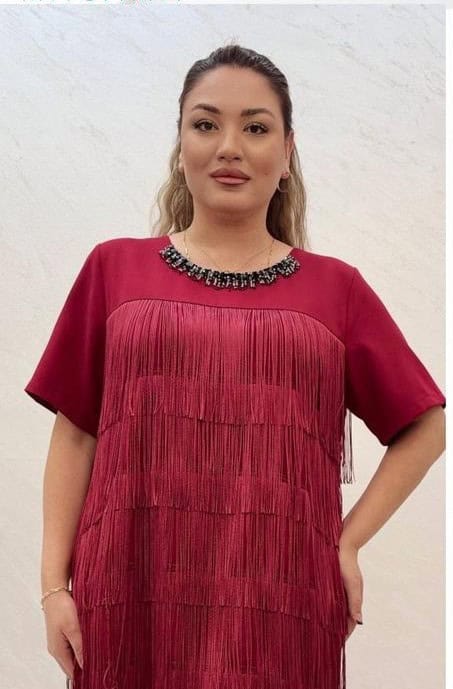Rochie Midi Visiniu cu Franjuri DYA729