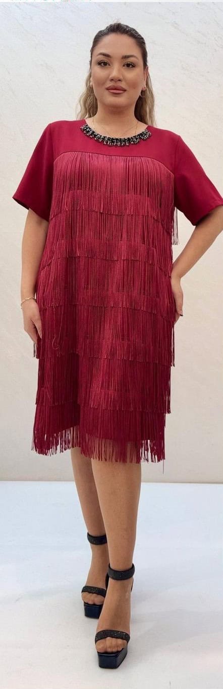 Rochie Midi Visiniu cu Franjuri DYA729 - imagine 5