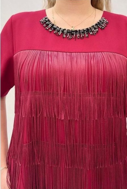 Rochie Midi Visiniu cu Franjuri DYA729 - imagine 4