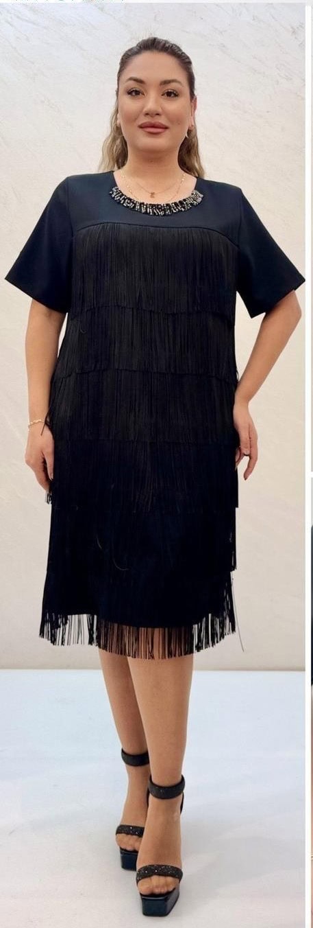 Rochie Midi Negru cu Franjuri DYA731 - imagine 2