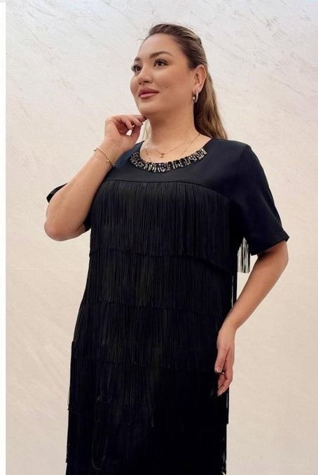 Rochie Midi Negru cu Franjuri DYA731 - imagine 4