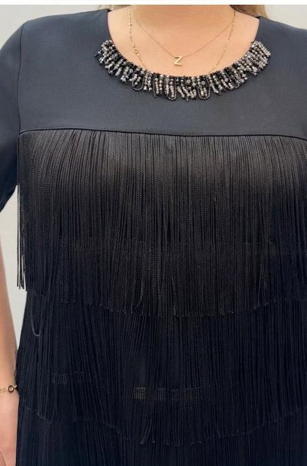 Rochie Midi Negru cu Franjuri DYA731 - imagine 5