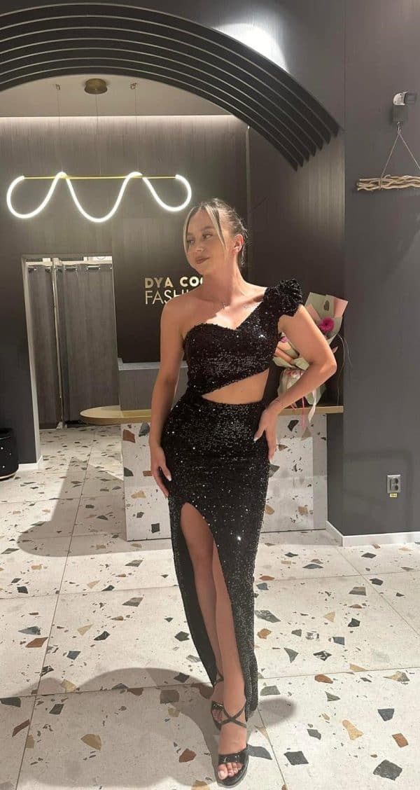 Rochie Lunga Negru cu Paiete DYA735 - imagine 3