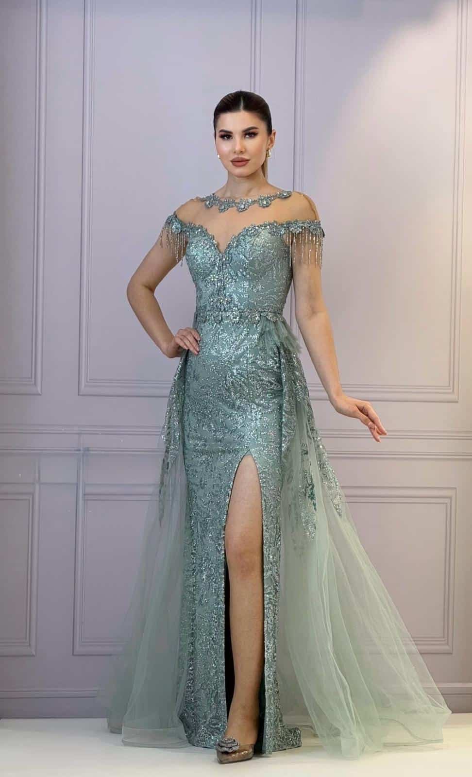 Rochie Lunga Lux Verde Menta DYA742 - imagine 3