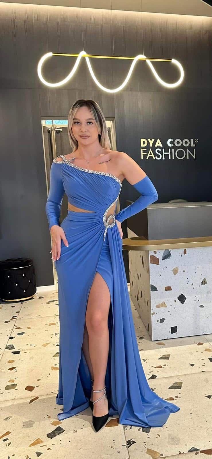 Rochie Lunga Albastru pe Corp DYA746 - imagine 3