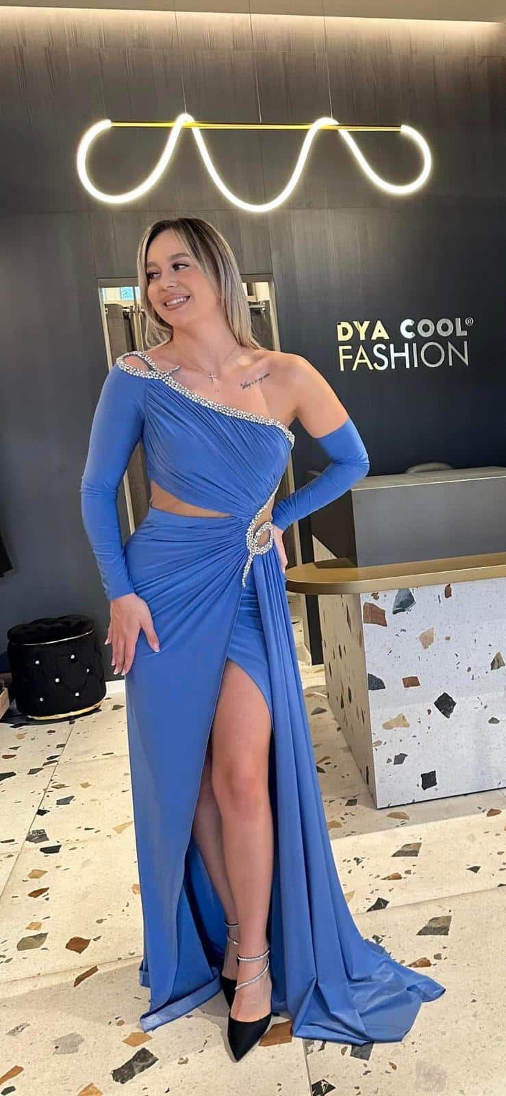 Rochie Lunga Albastru pe Corp DYA746 - imagine 4