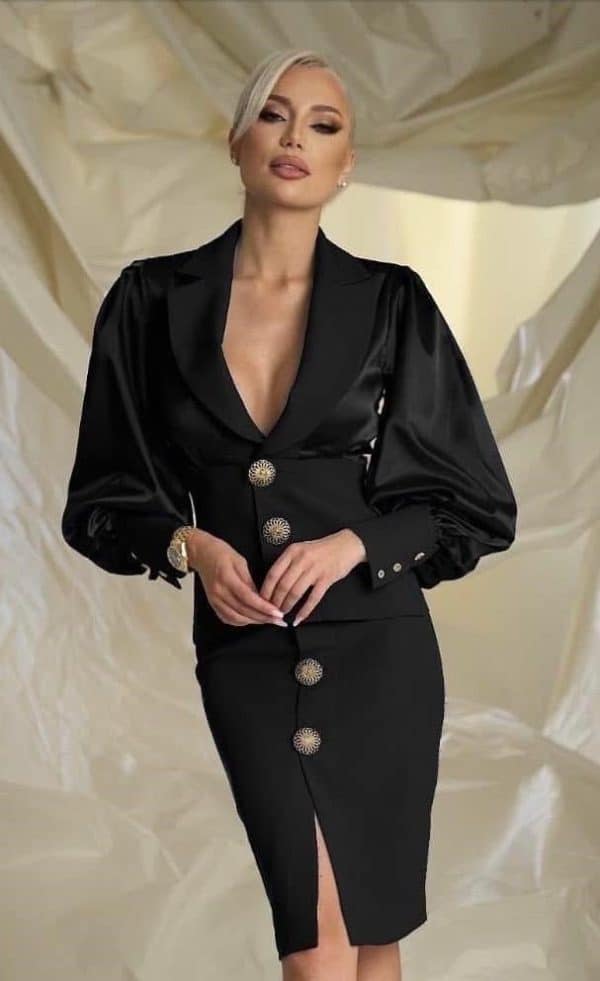 Rochie Midi Negru tip Sacou cu Nasturi DYA783 - imagine 2