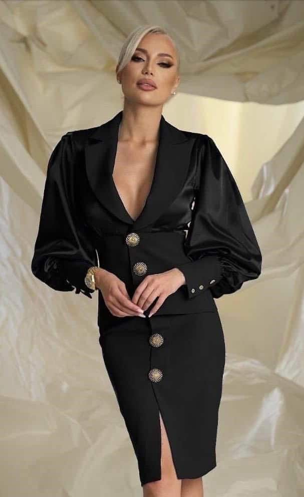 Rochie Midi Negru tip Sacou cu Nasturi DYA783 - imagine 2