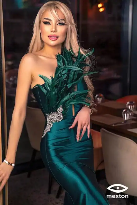 Rochie Lunga Verde Cu Pene DYA736 - imagine 5