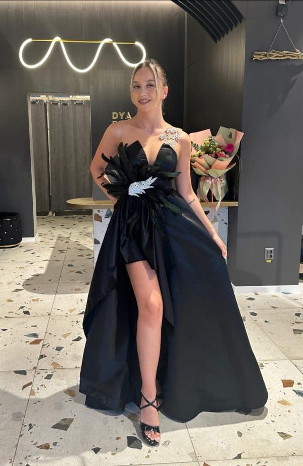 Rochie Lungă Negru Pene și Cristale DYA797 - imagine 3