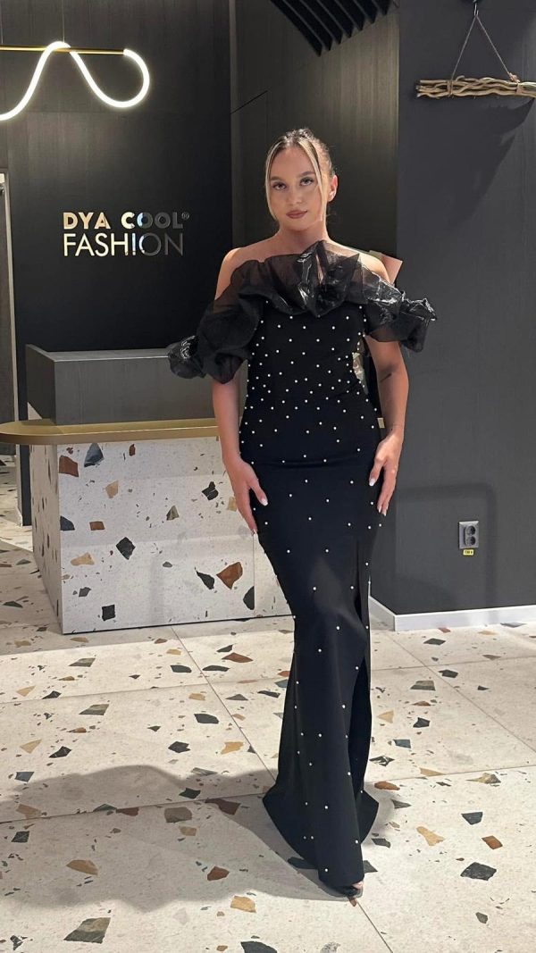 Rochie Lunga Negru cu Perle DYA838 - imagine 4