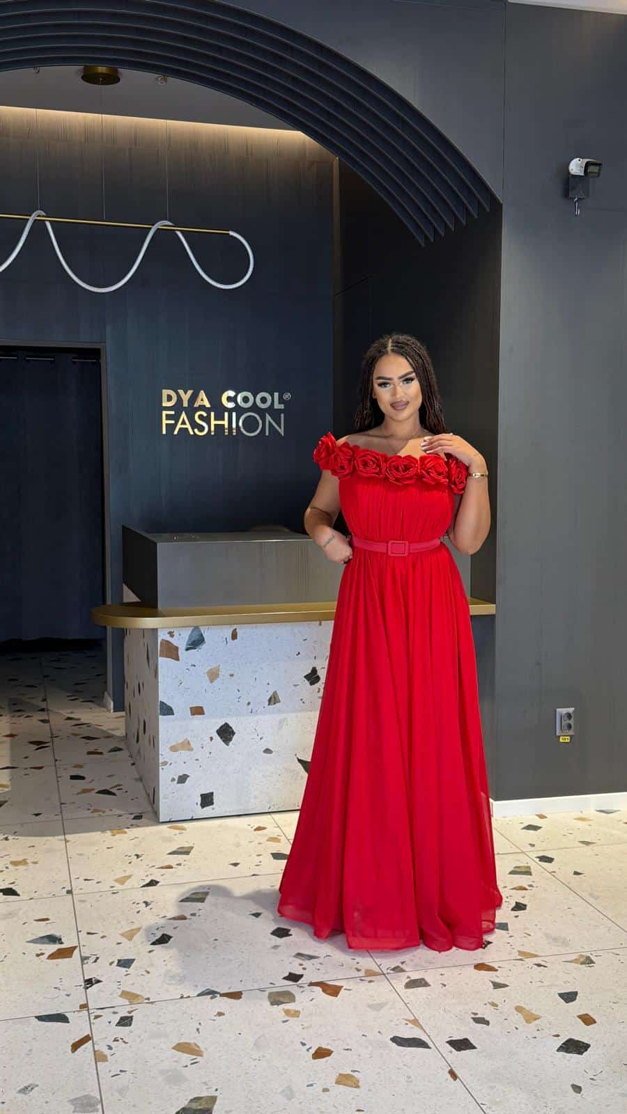Rochie Lunga Rosu Flower DYA843 - imagine 4