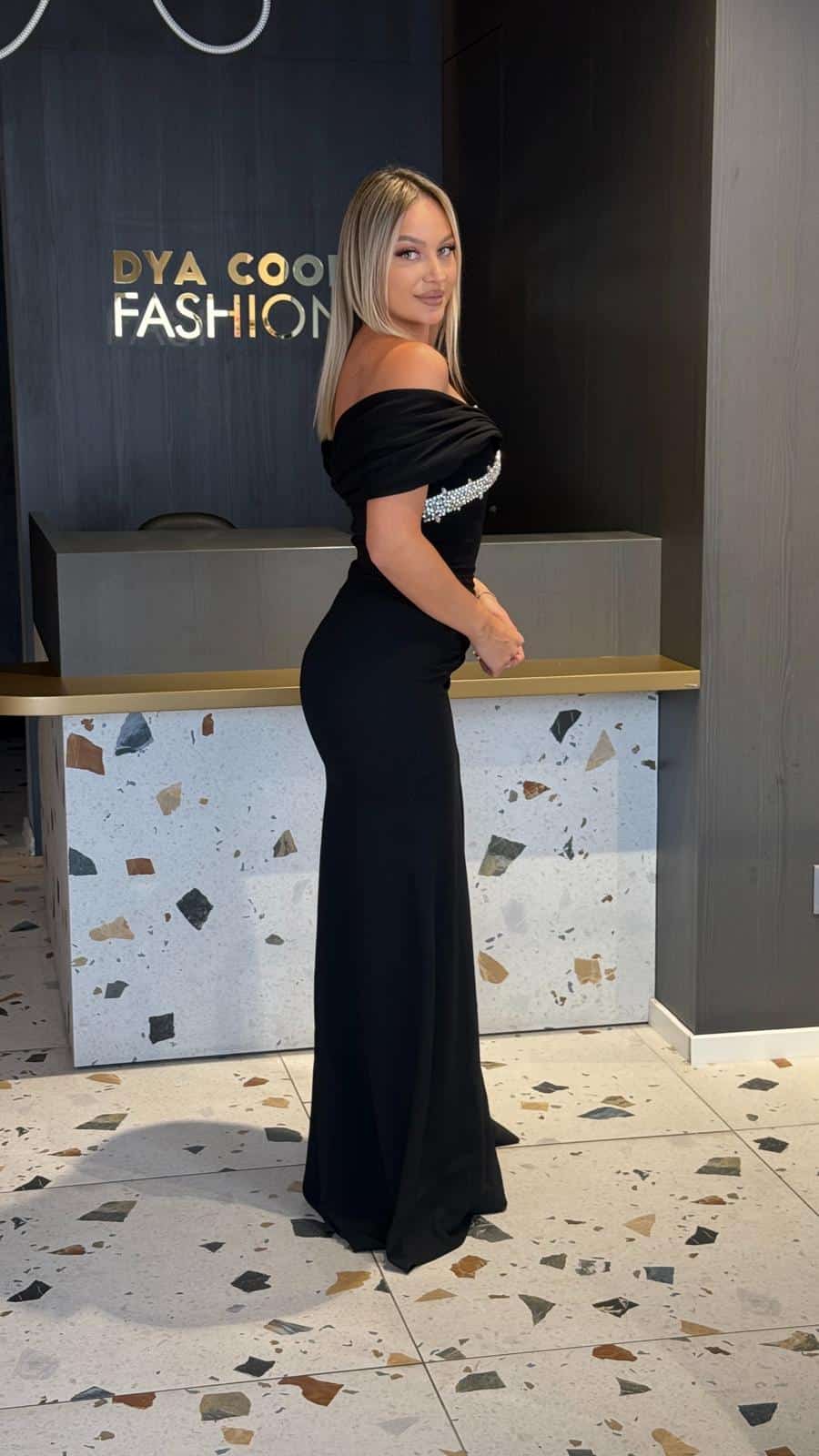 Rochie Lunga Negru cu Cristale  DYA893 - imagine 2